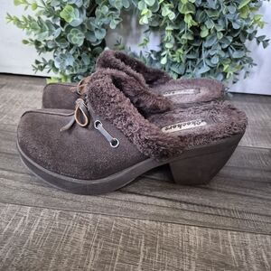 Skechers Disco Bunny Boogie Down Faux Fur Heeled Clogs Chocolate Women's Size 8